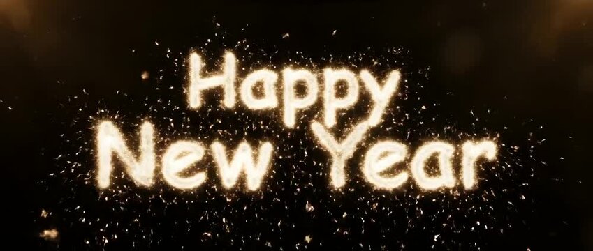 Happy New Year text reveal with burning golden sparklers in script and block letters on a dark, festive background, ideal for a holiday greeting card or video opener