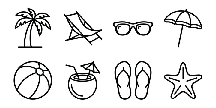 Beach vacation line icons set, summer travel outline