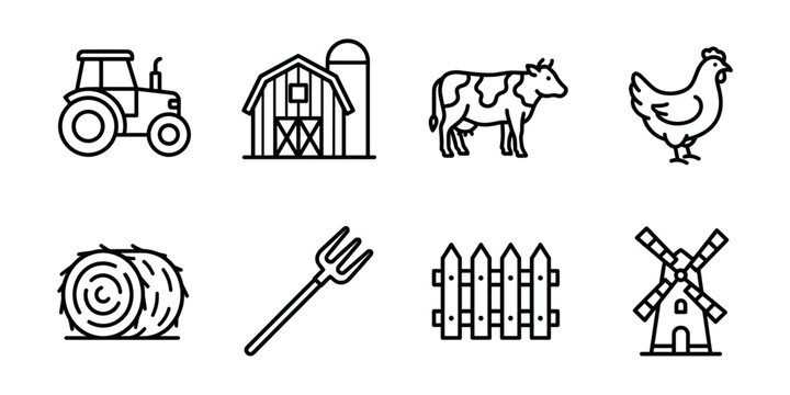 Farm agriculture line icons set, countryside livestock outline symbols