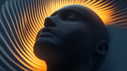 A textured human head sculpture looking upward, with glowing energy radiating from behind
