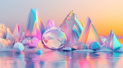 Abstract digital art featuring prismatic geometric shapes and crystal formations over water