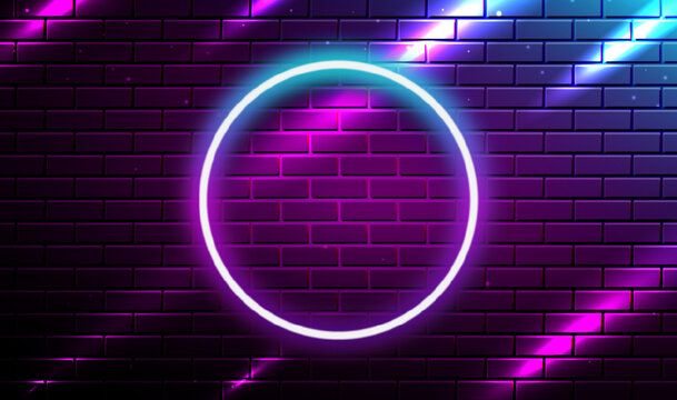 Neon light frame shining on brick wall background. .