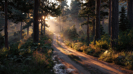 Fototapeta premium A sunlit forest path leads into the distance, with rays of light streaming through the trees. The scene evokes a sense of tranquility and mystery.