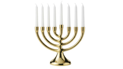 Golden menorah with seven white candles isolated PNG, traditional Jewish symbol for Hanukkah...