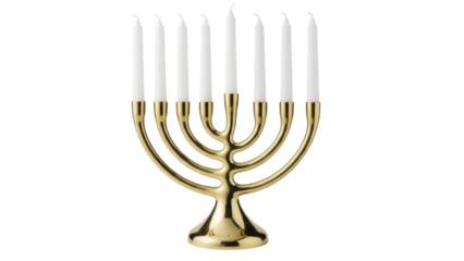 Golden menorah with seven white candles isolated PNG, traditional Jewish symbol for Hanukkah celebration on transparent background