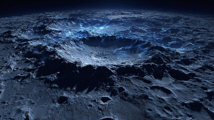 A detailed view of the lunar surface, revealing craters and a vast, desolate landscape illuminated by faint light. The surface shows a texture of the moon and stars 