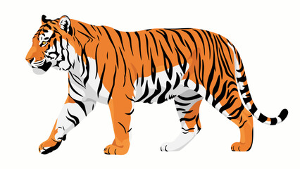A powerful and majestic tiger in a side profile, showcasing its iconic orange and black stripes against a clean white background