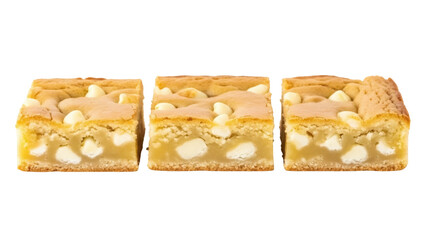 Delicious blondie bars with white chocolate chips isolated PNG, sweet dessert squares on...