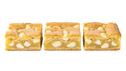 Delicious blondie bars with white chocolate chips isolated PNG, sweet dessert squares on transparent background for bakery and food concepts
