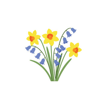 A bouquet of flowers including daffodils and bluebells in a simple vector illustration style