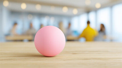 Pink ball on wooden desk in bright modern office with blurred coworkers behind. Minimal still life with copy space, symbolizing creativity, focus, balance, and fresh ideas.