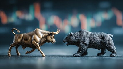 Miniature representations of a charging bull and a menacing bear face each other against a backdrop of market charts.