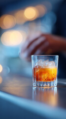 Glass of whiskey cocktail with ice on bar counter, warm bokeh lights and a hand in background. Nightlife celebration concept with copy space, luxury mood, and relaxation.
