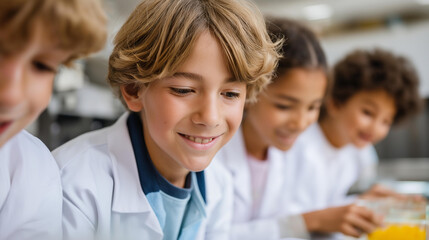 Fototapeta premium Faceless group of passionate young students engaged in fun educational science project at school laboratory, animated kids brainstorming and tinkering with experiments in class, de