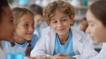 Faceless group of passionate young students engaged in fun educational science project at school laboratory, animated kids brainstorming and tinkering with experiments in class, de