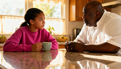 African American father having a serious conversation with his daughter in the kitchen. Parent giving guidance and advice to his preteen child at home. Family communication and support concept
