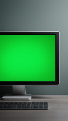 Desktop computer with green chroma key screen on a clean desk with keyboard, minimal modern workspace mockup for streaming, app UI, or presentation design with copy space.