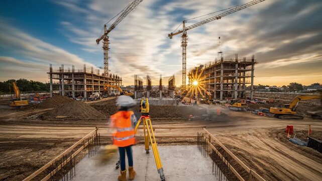 Female surveyor using theodolite at busy construction site during sunset. Scene captures industrial progress and urban development. Perfect for engineering and real estate projects.