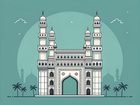 Charminar in Hyderabad, geometric vector style, muted teal background