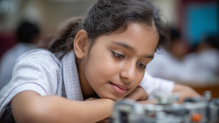 Faceless girl female teen children concentrate look machine learning robot moving under control, robot coding at technology STEM class, education for digital automation artificial