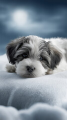 Fluffy puppy resting on fresh snow under soft winter light, close-up portrait with blue background and ample copy space, conveying comfort, innocence, and seasonal calm.