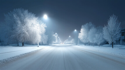 Empty snow-covered road at night with glowing streetlights and frosted trees, cool blue tones and deep perspective, peaceful winter travel scene with copy space.