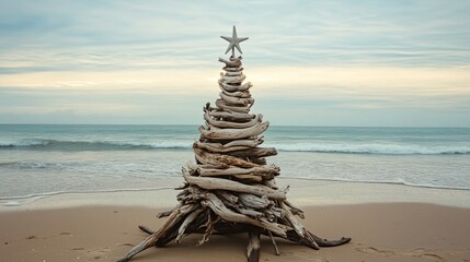 Christmas tree made of driftwood on beach, ocean breeze .