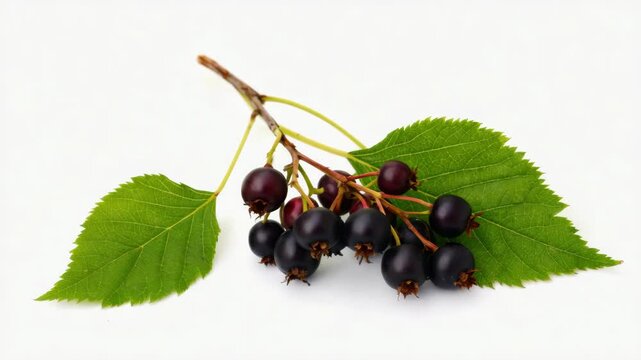 A close-up of vibrant green leaves and plump, dark purple berries against a white background. The berries are clustered together on a branch surrounded by the leaf's