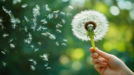 Fototapeta premium Close-Up of Dandelion with Flying Seeds Held in Hand, Green Bokeh Background