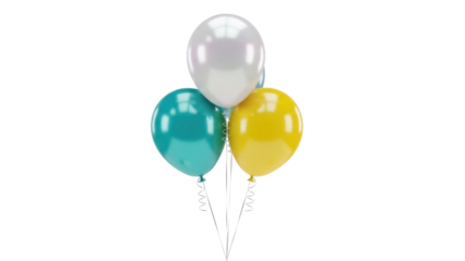 Festive balloons PNG isolated on transparent background, bunch of teal yellow and white balloons for party decoration and celebration