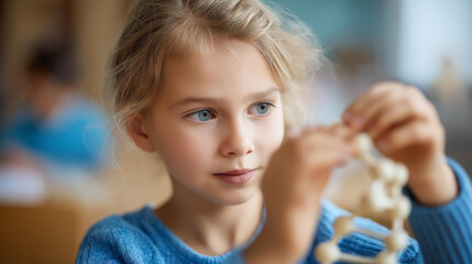 Faceless girl student examining DNA model in classroom, genetics education, biology learning activity, molecular science investigation, defocused young person studying, with copy s