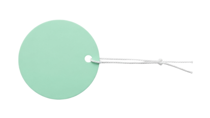 Mint green round tag with string isolated PNG, blank label for price or gift on transparent background, design element