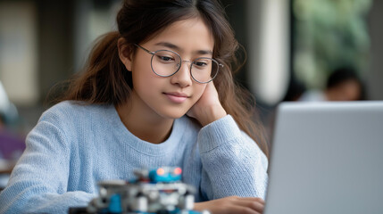 Faceless portrait of young Asian girl using laptop in engineering class and programming robot, youth technology education, coding skill development, defocused student working, with