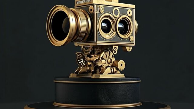 Antique brass motion picture camera trophy displayed on black pedestal.