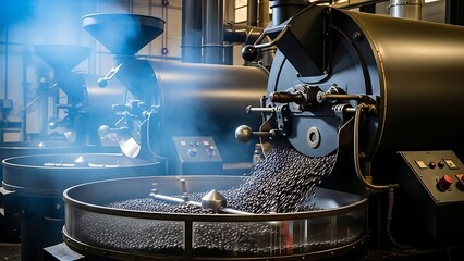 Dynamic shot of fresh coffee beans tumbling out of a large industrial roaster into a cooling tray, showing steam and heat.