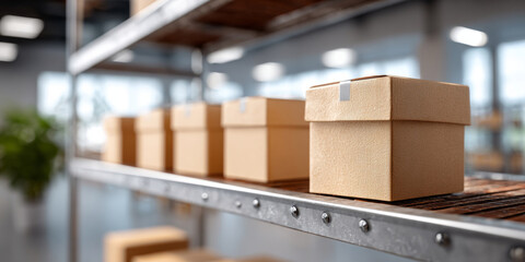 Row of closed cardboard boxes on metal shelving in a bright modern warehouse or storage room with blurred background