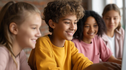 Faceless collaborative coding in STEM, diverse group of students engaged in teamwork problem-solving and innovation in technology education, defocused young people working, with co