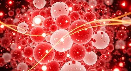 Abstract background of glowing red and pink spherical particles, representing cells or molecules.