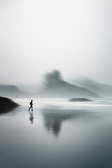 Digital mixed media of person walking through blurred empty oceanside landscape. Concept of...