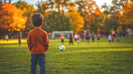 Fototapeta premium Little boy standing on soccer field watching kids football game in autumn