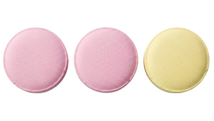 Three round pills isolated on transparent background, pink and yellow tablets for medication and healthcare use PNG