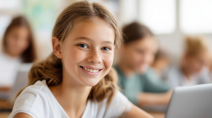Faceless smiling girl with classmates in bright classroom engaging in coding camp on laptops, youth programming education, summer technology learning, defocused young people, with