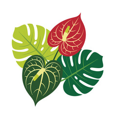 Obraz premium An artistic illustration of tropical leaves and plants in a festive arrangement, viewed from directly above, similar to a christmas tree decoration.