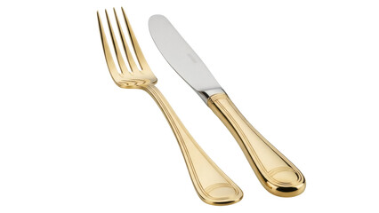 Elegant gold fork and knife isolated PNG, luxurious cutlery set for fine dining and special occasions on transparent background