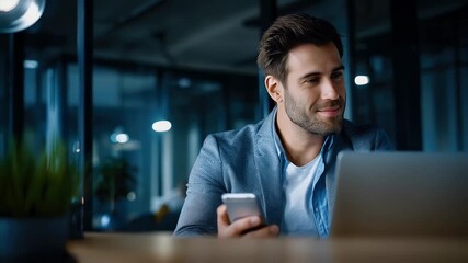 Man working on laptop with phone in modern office environment - Powered by Adobe