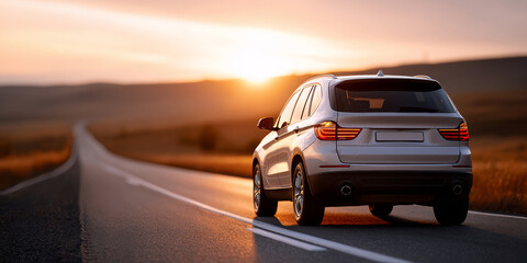 Fototapeta premium Silver SUV parked on empty rural road during sunset with warm light and scenic landscape in background