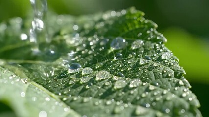 A breathtaking macro shot capturing the delicate beauty of a vibrant green leaf adorned with countless sparkling morning dew drops reflecting the early sunlight and symbolizing freshness purity and t. - Powered by Adobe