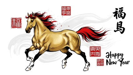 Golden Horse Chinese New Year Ink Illustration 3