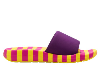 Isolated casual summer purple slip-on sandal with yellow and pink pattern and stripes design