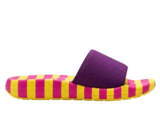 Isolated casual summer purple slip-on sandal with yellow and pink pattern and stripes design